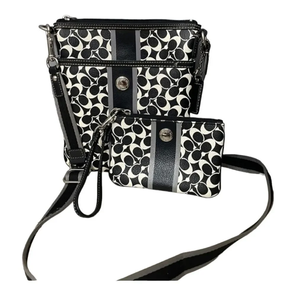 Coach F43893 3 Piece Set Signature Swing Pack Crossbody + Wristlet Black White - Picture 14 of 15